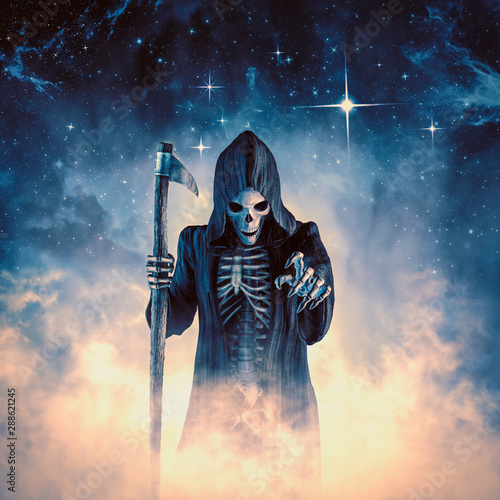 Dead of night / 3D illustration of cloaked skeletal grim reaper reaching toward viewer through magically glowing mist