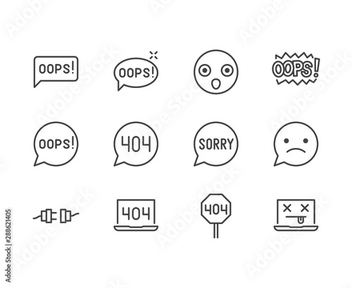 Oops message flat line icons set. 404 error, mistake speach bubble, page not found concept vector illustrations. Outline signs for something went wrong. Pixel perfect 64x64. Editable Strokes