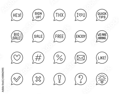 Information speech bubble flat line icons set. Quick tips, discount, hashtag, correct check mark, sale message vector illustrations. Outline signs website popup. Pixel perfect 64x64. Editable Strokes