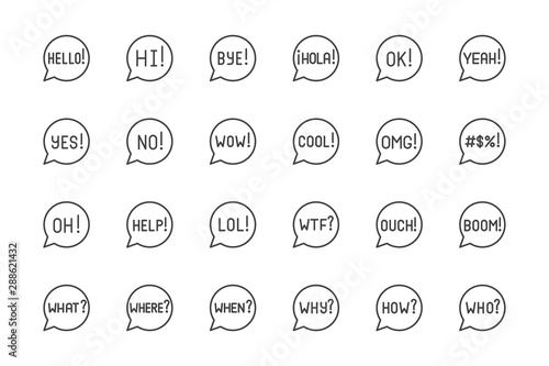 Information speech bubble flat line icons set. Wow, yes, no, omg, curse words exclamation, talk balloon vector illustrations. Outline signs for website popup. Pixel perfect 64x64. Editable Strokes