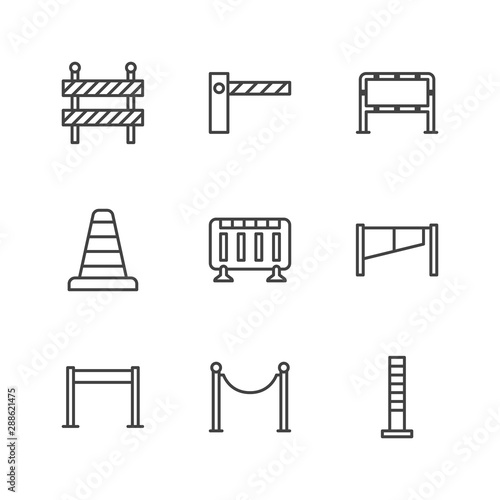 Roadblock flat line icons set. Barrier, crowd control barricades, rope stanchion vector illustrations. Outline signs for pedastrian safety, roadwork. Pixel perfect 64x64. Editable Strokes