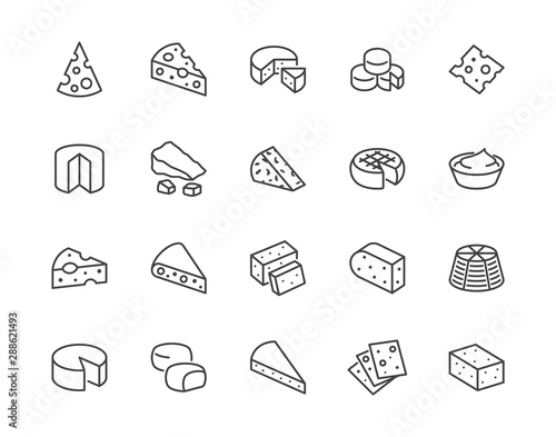 Cheese flat line icons set. Parmesan, mozzarella, yogurt, dutch, ricotta, butter, blue chees piece vector illustrations. Outline signs for dairy product store. Pixel perfect 64x64. Editable Strokes photo
