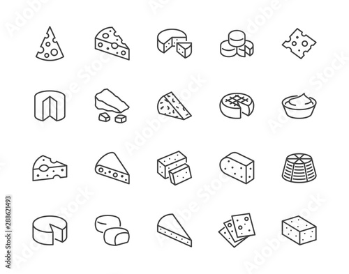 Cheese flat line icons set. Parmesan, mozzarella, yogurt, dutch, ricotta, butter, blue chees piece vector illustrations. Outline signs for dairy product store. Pixel perfect 64x64. Editable Strokes