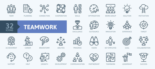 Business teamwork, team building, work group and human resources minimal thin line web icon set. Outline icons collection. Simple vector illustration.
