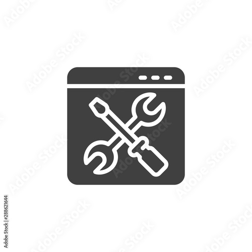 Browser settings vector icon. filled flat sign for mobile concept and web design. Web page window with wrench and screwdriver glyph icon. Support symbol, logo illustration. Vector graphics
