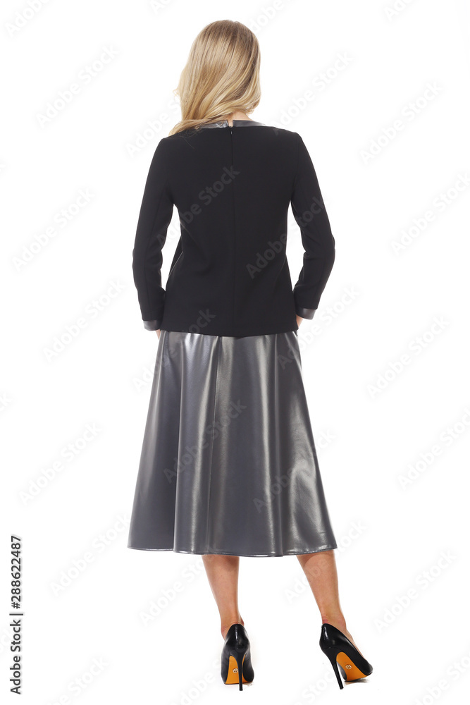 blond business woman with long hair in summer sleeveless blouse red trousers high heels shoes blond business woman with long hair in summer sleeveless blouse red trousers high heels shoes