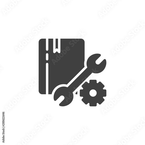 Support, manual book vector icon. Technical service filled flat sign for mobile concept and web design. Book with settings gear and wrench glyph icon. Symbol, logo illustration. Vector graphics