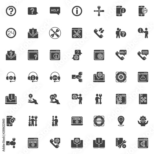 Technical support vector icons set, Customer service modern solid symbol collection filled style pictogram pack. Signs logo illustration. Set includes icons as Question mark, Help message, Information