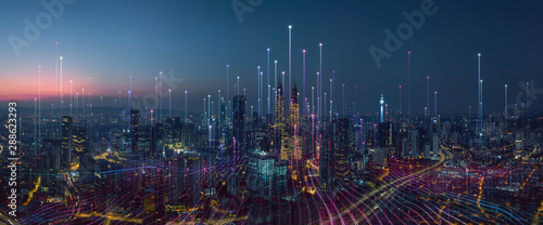 Foto Smart city and abstract dot point connect with gradient line and aesthetic Intricate wave line design , big data connection technology concept