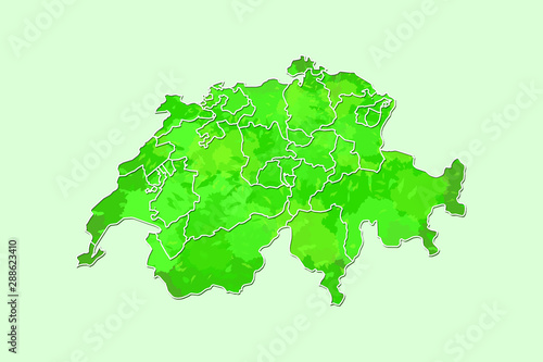 Switzerland watercolor map vector illustration of green color with border lines of different regions or cantons on light background using paint brush in page