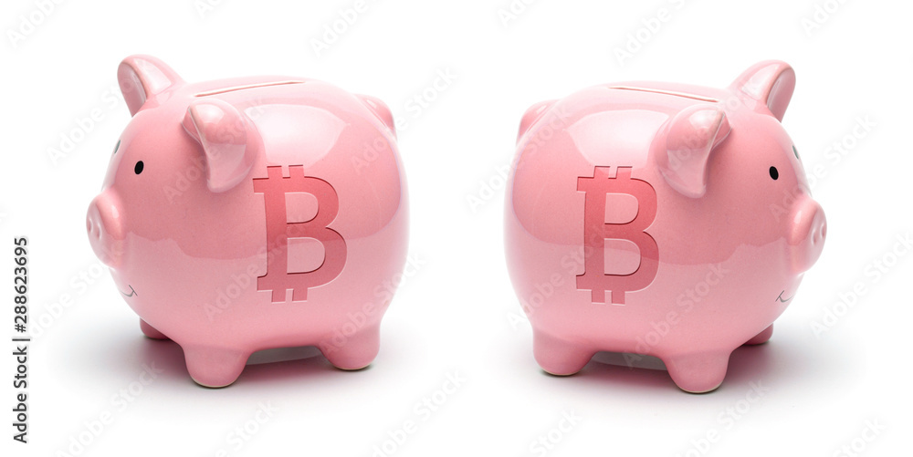Pink piggy bank with bitcoin symbol isolated on a white background. Concept How to save cryptocurrency Pink piggy bank with bitcoin symbol isolated on a white background. Concept How to save cryptocurrency
