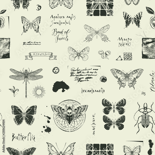 Vector seamless abstract pattern with insects. Various butterflies, beetles, ink spots, sketches and notes on light background in vintage style. Suitable for wallpaper, wrapping paper, textile, fabric