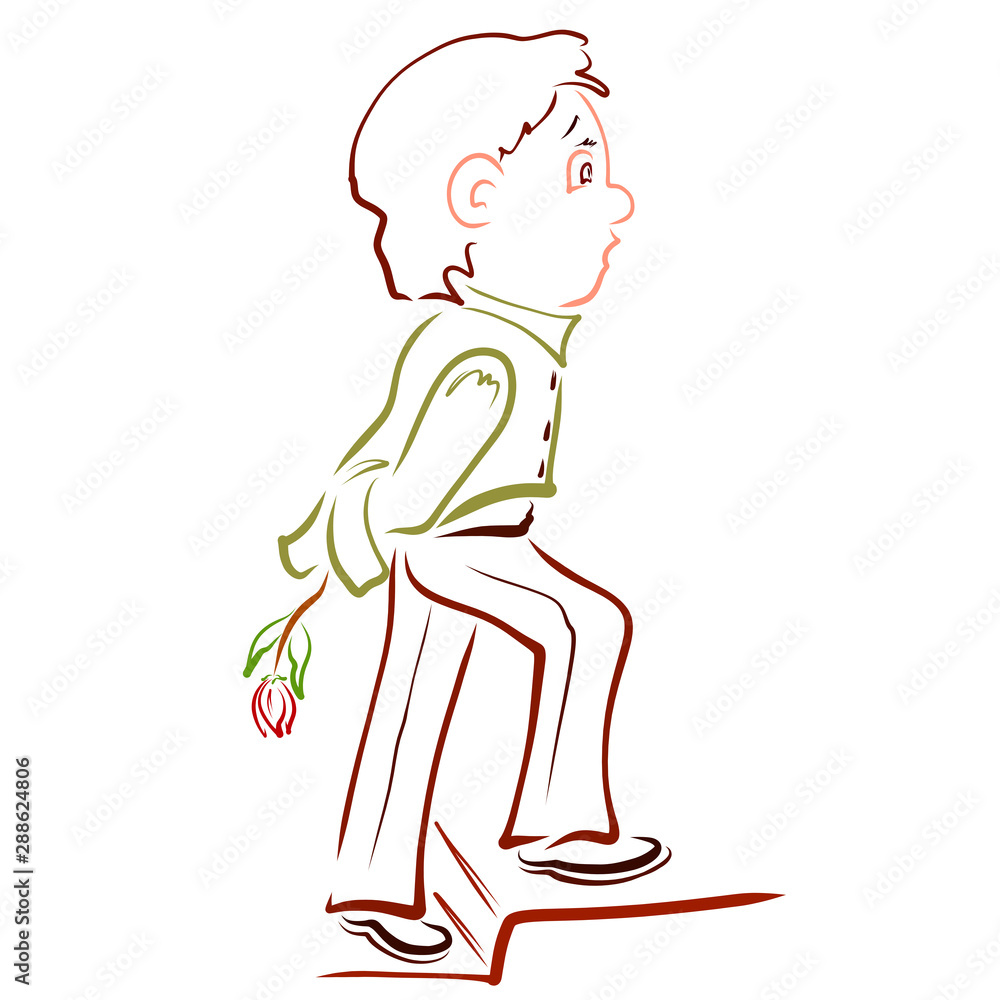A boy with a flower behind his back climbs the stairs A boy with a flower behind his back climbs the stairs