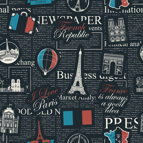 Vector seamless pattern on France and Paris theme with inscriptions, architectural landmarks, French map and flag in retro style on the black newspaper background. Wallpaper, wrapping paper, fabric