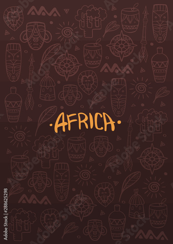 Hand draw doodles of Africa word. Colorful illustration. Background with lots of objects.