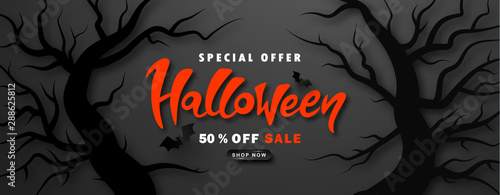 Halloween Sale Promotion Poster with trees and paper bats on black background.Vector illustration for website , posters, ads, coupons, promotional material.