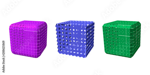 Abstract polygonal cube with cuts set. 3d Vector illustration.