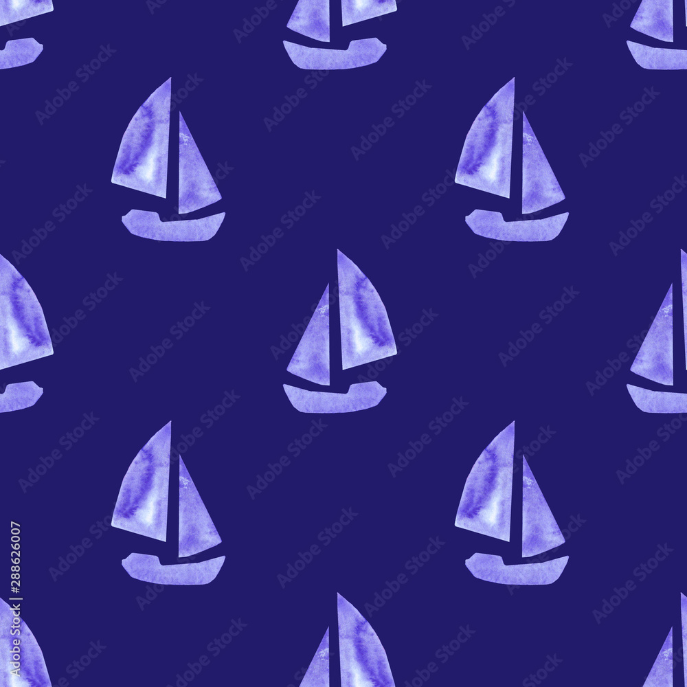 watercolor ship silhouette seamless pattern blue sea ocean.