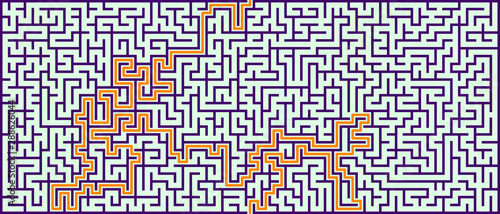 Panoramic maze with solution. Vector illustration.