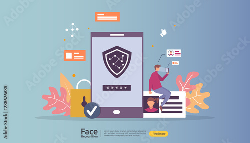 Face recognition data security design. facial biometric identification system scanning on smartphone. web landing page template, banner, presentation, social, poster, ad, promotion or print media.