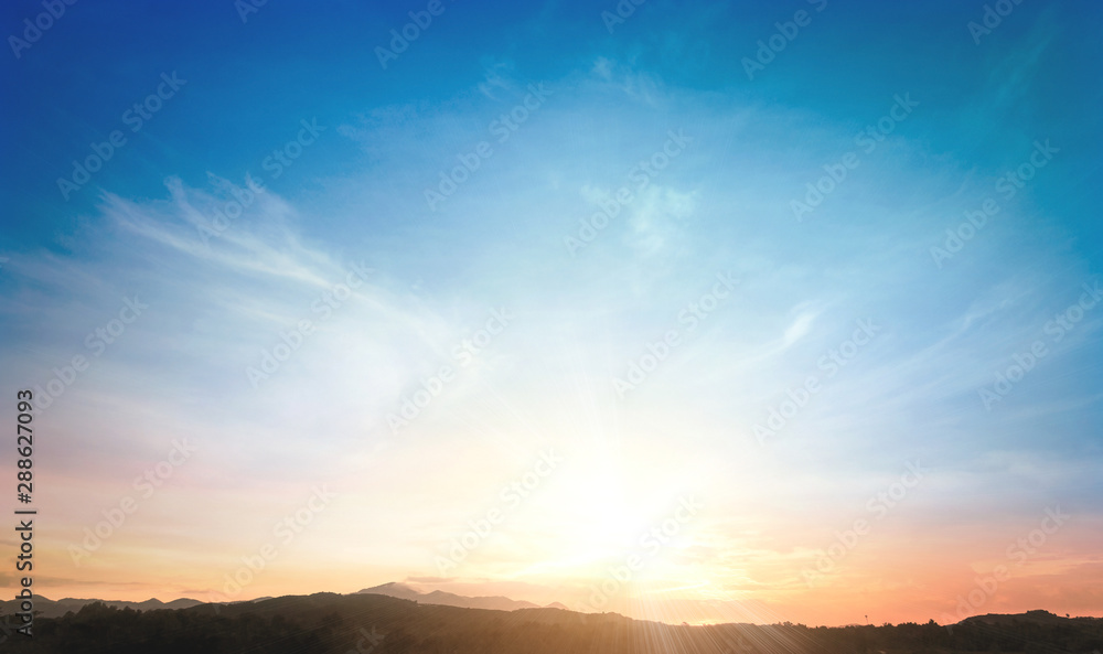 World environment day concept: Sun light and mountain sky of heaven autumn sunset background