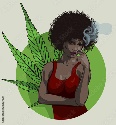 Afro hair beautyful woman smoked joint. Cannabis leaf. Vector image
