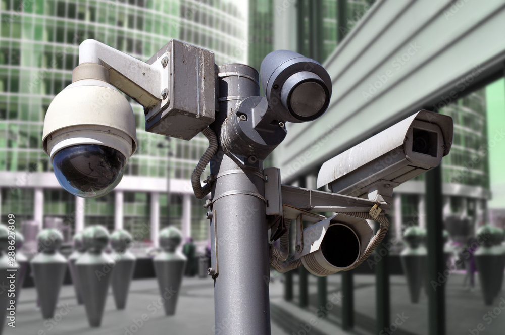 closed circuit camera Multi-angle CCTV system on the background of the urban environment