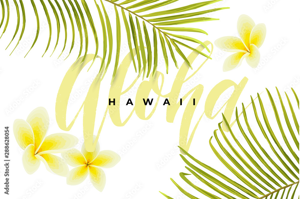 Tropical vector design with green palm leaves, plumeria flowers, pineapples and hand drawn Aloha inscription. Summer hawaiian illustration. - obrazy, fototapety, plakaty 