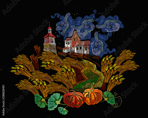 Embroidery. Rural landscape. Village in wheat fields. Template for clothes, t-shirt design. Painting expressionism art style