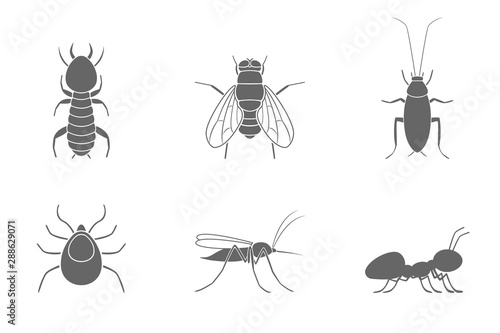 Insect silhouettes. Cockroach, termite, mosquito, fly, ant and tick. Icon set. Vector.