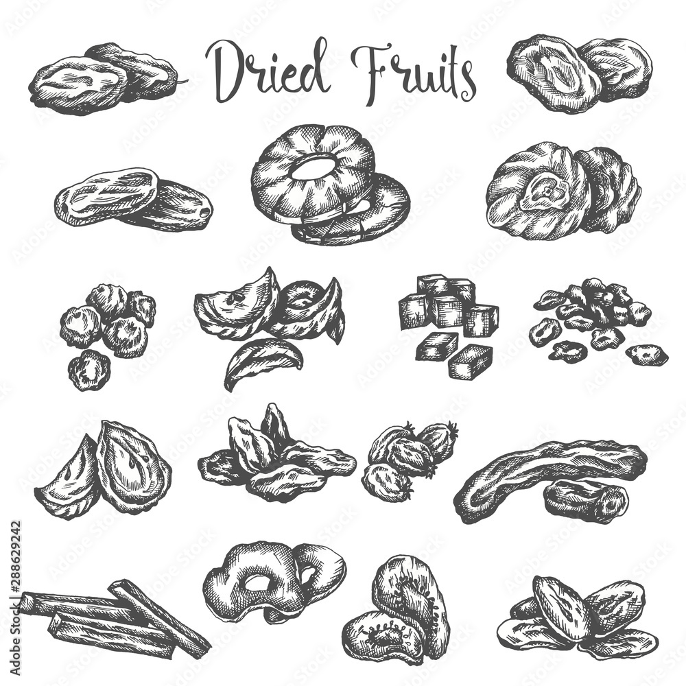 Dried fruits hand drawn illustration. Healthy snack Dry raisins, prunes and figs. Sketch of dehydrated pineapple, apricot Vector design for fruit shop or market isolated on white background