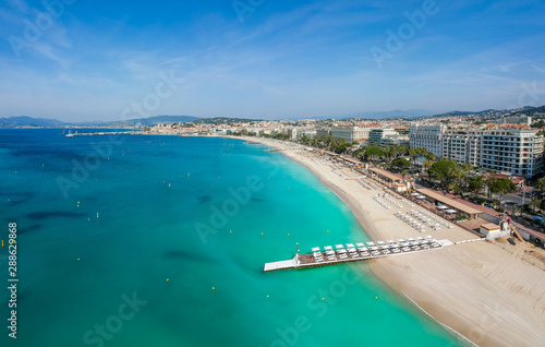 Panorama of Cannes, Cote d'Azur, France, South Europe. Nice city and luxury resort of French riviera. Famous tourist destination with nice beach and Promenade de la Croisette on Mediterranean sea