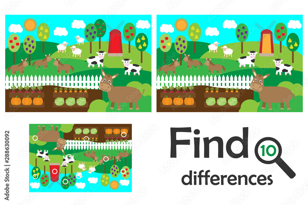 Find 10 differences, game for children, farm animals and garden cartoon, education game for kids, preschool worksheet activity, task for the development of logical thinking, vector illustration - obrazy, fototapety, plakaty 