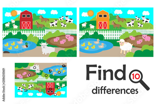 Find 10 differences, game for children, farm with animals cartoon, education game for kids, preschool worksheet activity, task for the development of logical thinking, vector illustration