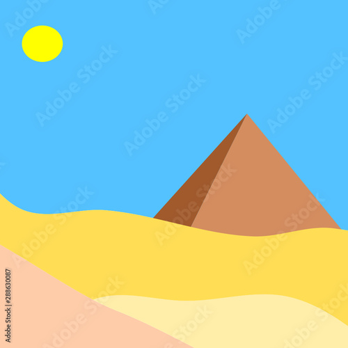 Illustration depicting the Egyptian pyramid. Vector for traveling to Giza and Africa. Pyramid and desert for travel agency background.