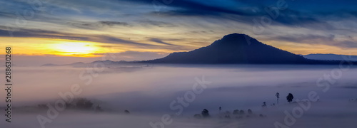 Mountain view panorama 180 degree morning of top hills and forest in valley around with sea of fog with cloudy sky background, sunrise at Khao Takhian Ngo (Takian Ngo), Khao Kho, Phetchabun, Thailand. photo