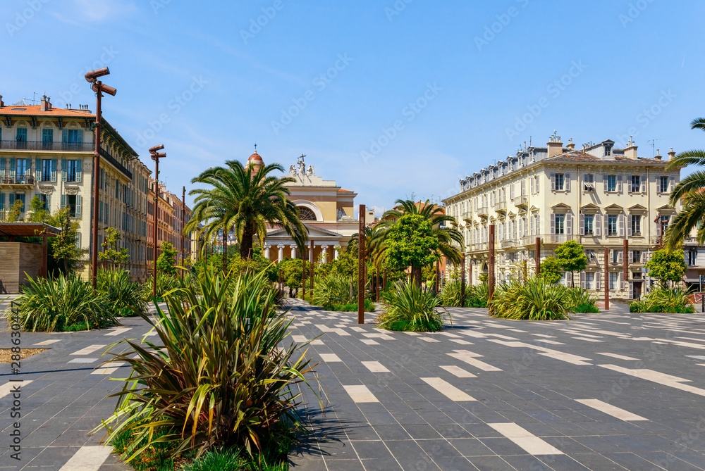 Naklejka Street view of Nice, Cote d'Azur, France, South Europe. Beautiful city and luxury resort of French riviera. Famous tourist destination with nice beach on Mediterranean sea