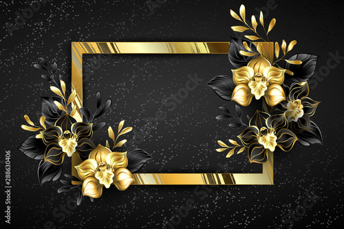Foto Golden banner with black orchids