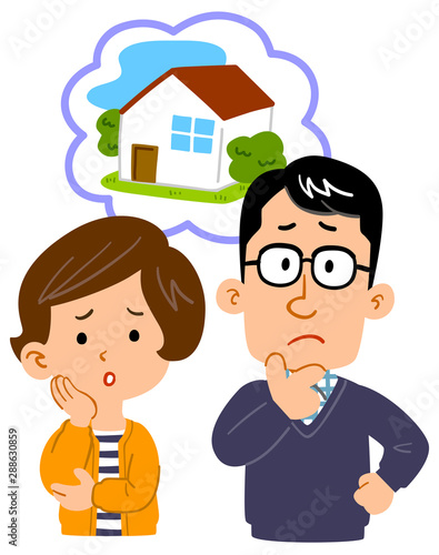家について悩む夫婦の上半身イラスト