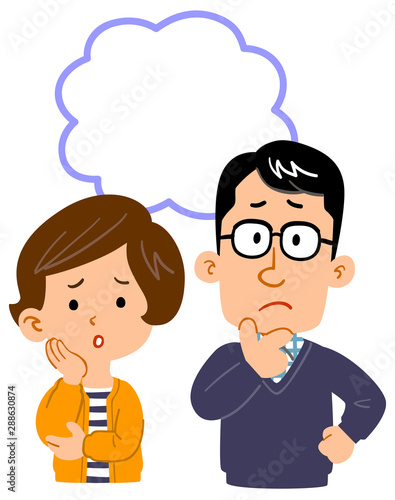 なにかに悩む夫婦の上半身イラスト