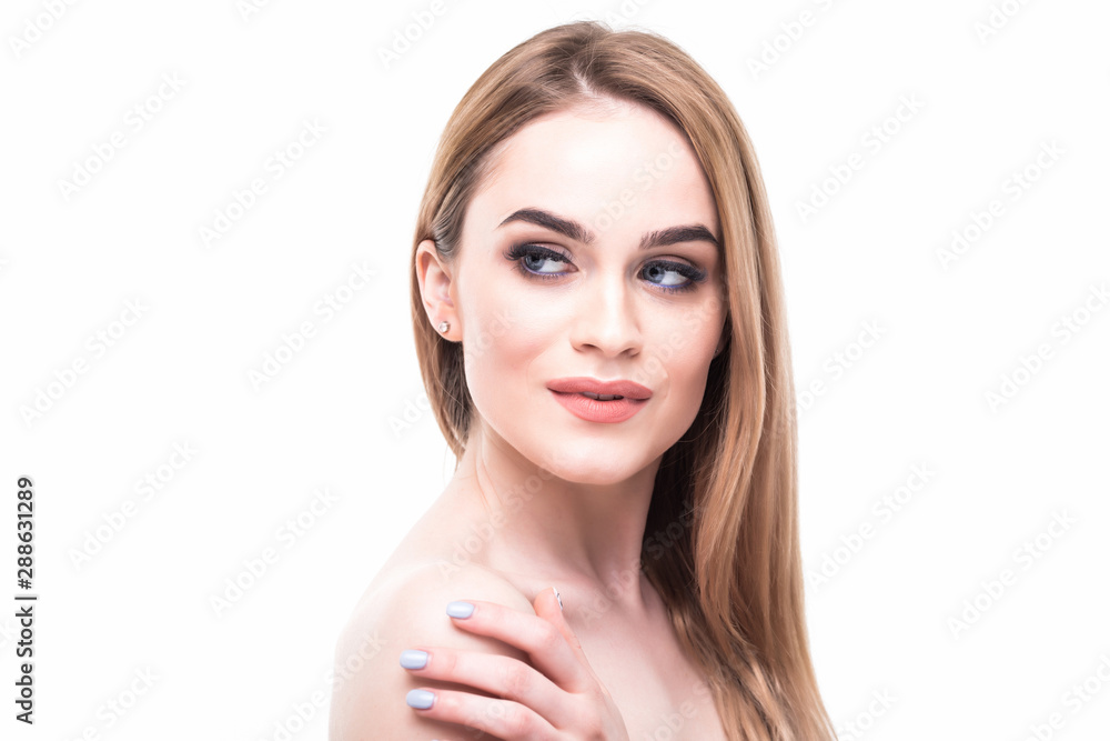 Naklejka premium Young woman with beautiful face on white background