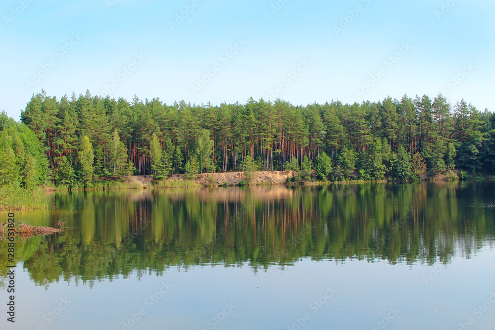 Lake with reflection of forest in water. Beautiful water panorama