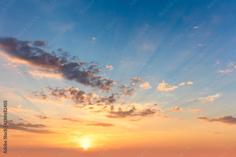 Sunrise sundown sky with  soft clouds and sunbeams - obrazy, fototapety, plakaty 