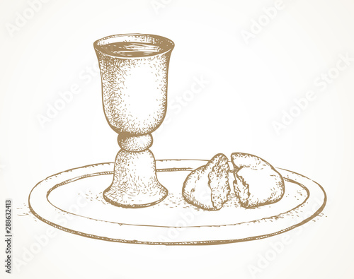 Vector symbols of Communion. Broken bread and wine in bowl