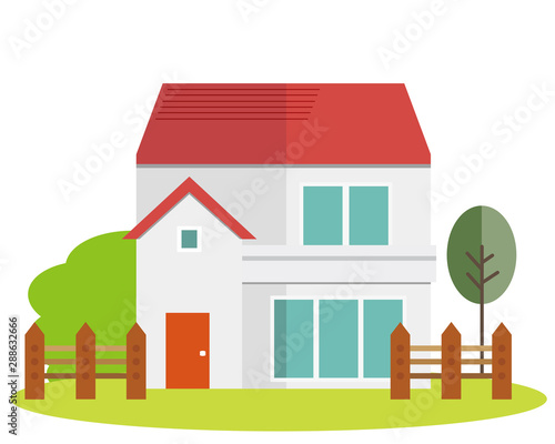 住宅　家　イラスト　一軒家　マイホーム　木　塀