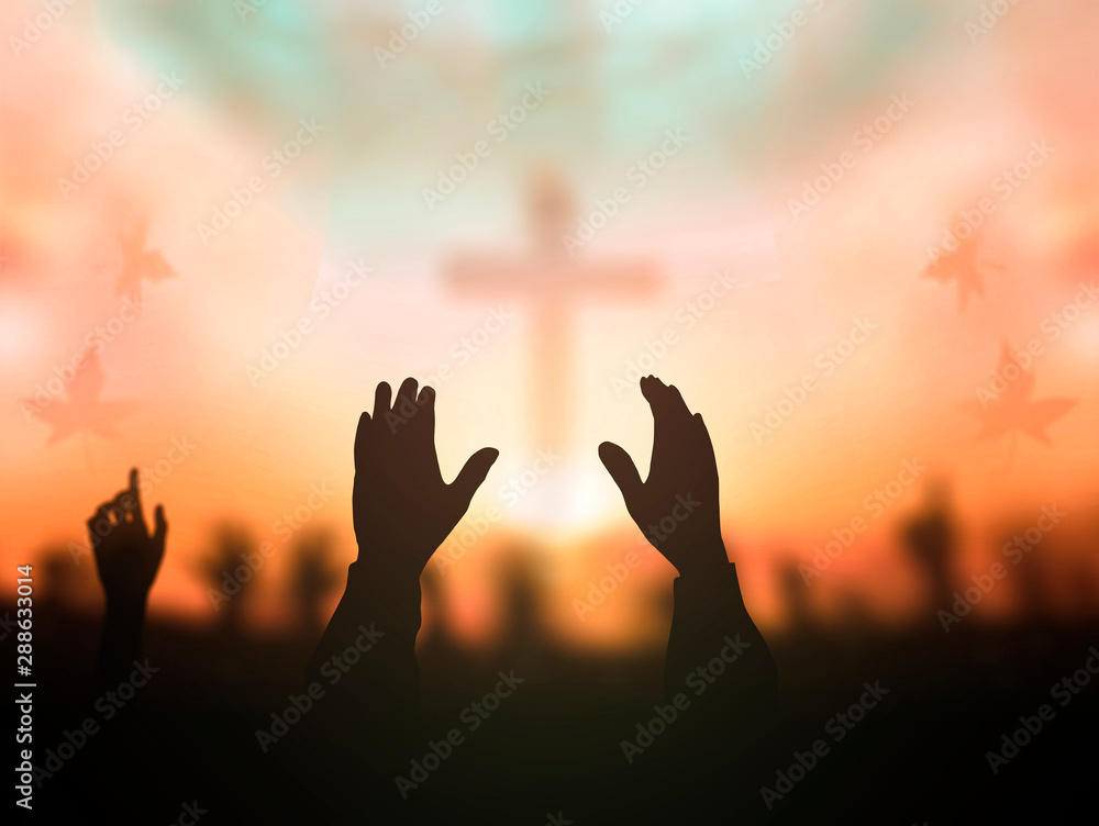 Worship God concept: human rising hands over blurred cross background Stock  Photo | Adobe Stock