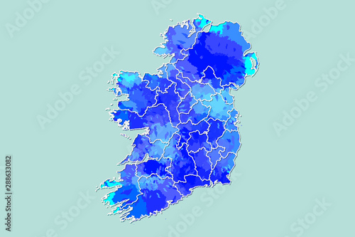 Ireland watercolor map vector illustration of blue color with border lines of different regions or counties on light background using paint brush in page