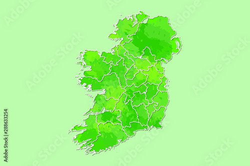 Ireland watercolor map vector illustration of green color with border lines of different regions or counties on light background using paint brush in page
