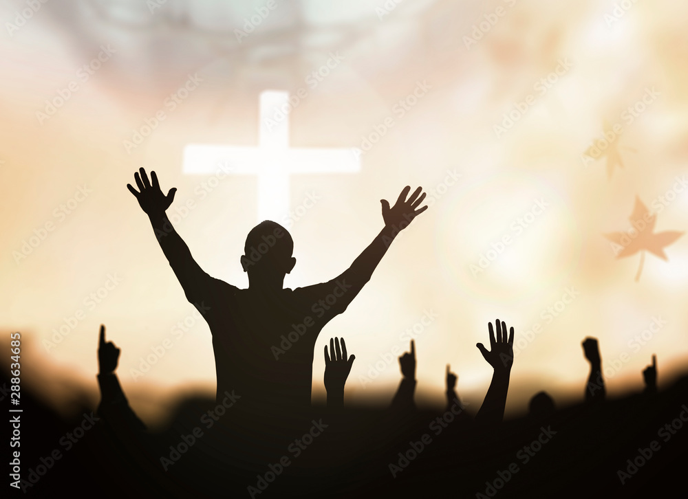 Praise and worship concept: Silhouette human raising hands to praying God  on blurred white cross with crown of thorn sunset background Stock Photo |  Adobe Stock