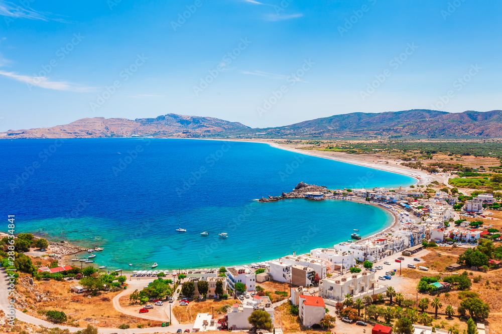 Sea skyview landscape photo from Feraklos castle on Haraki town near Agia Agathi beach on Rhodes island, Dodecanese, Greece. Panorama with clear blue water. Famous tourist destination in South Europe